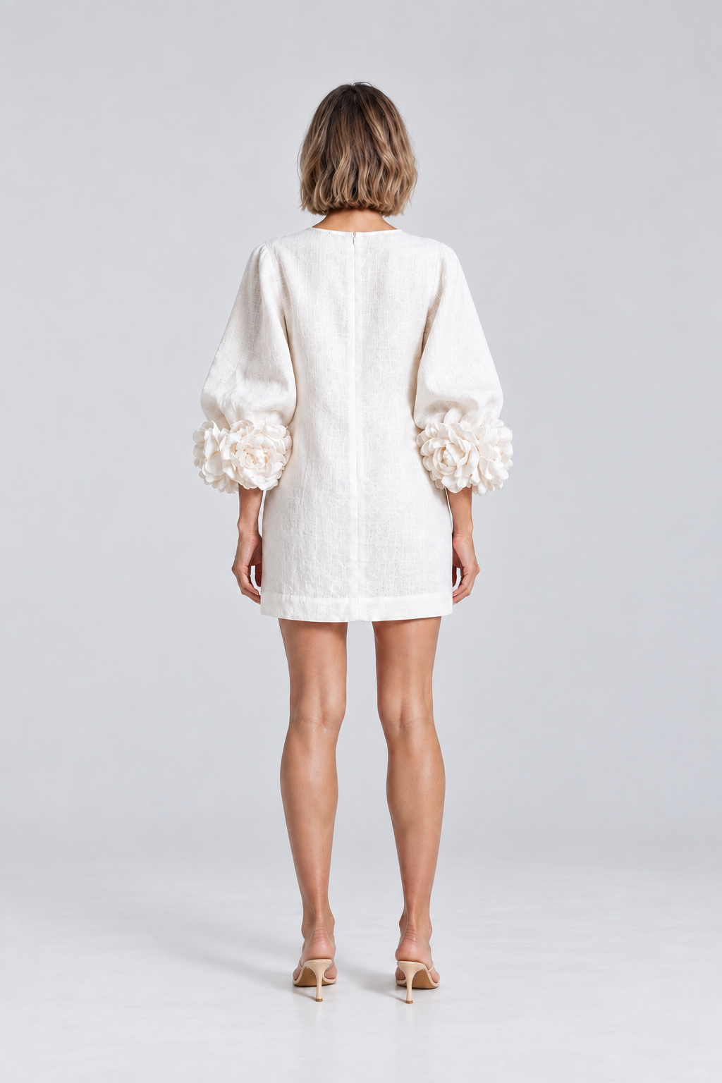 Aurelia Floral-Cuff Mini Dress in White, back view