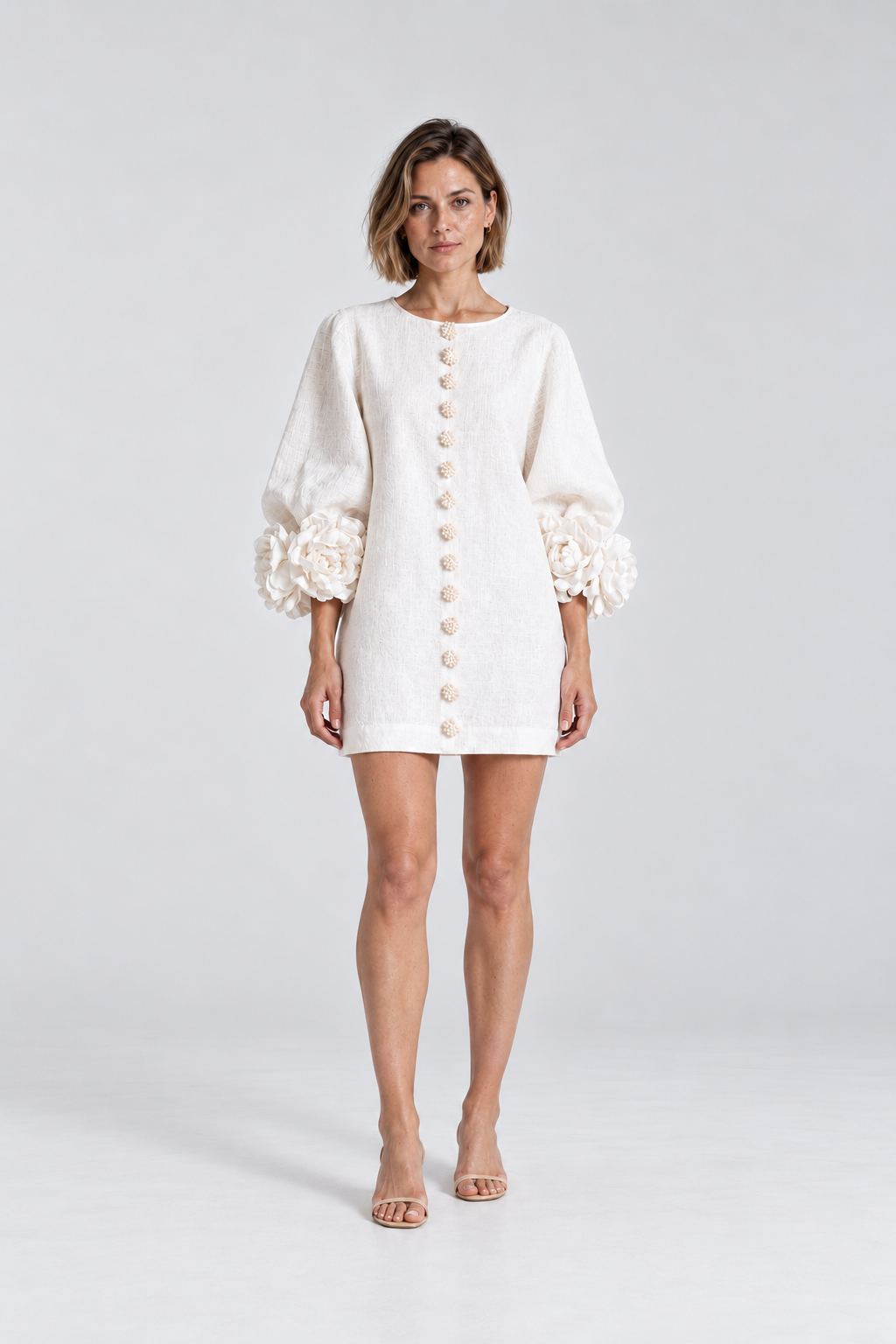 Aurelia Floral-Cuff Mini Dress in White, front view