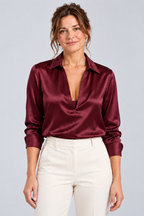 Camille Satin Collared Blouse in Burgundy, front view