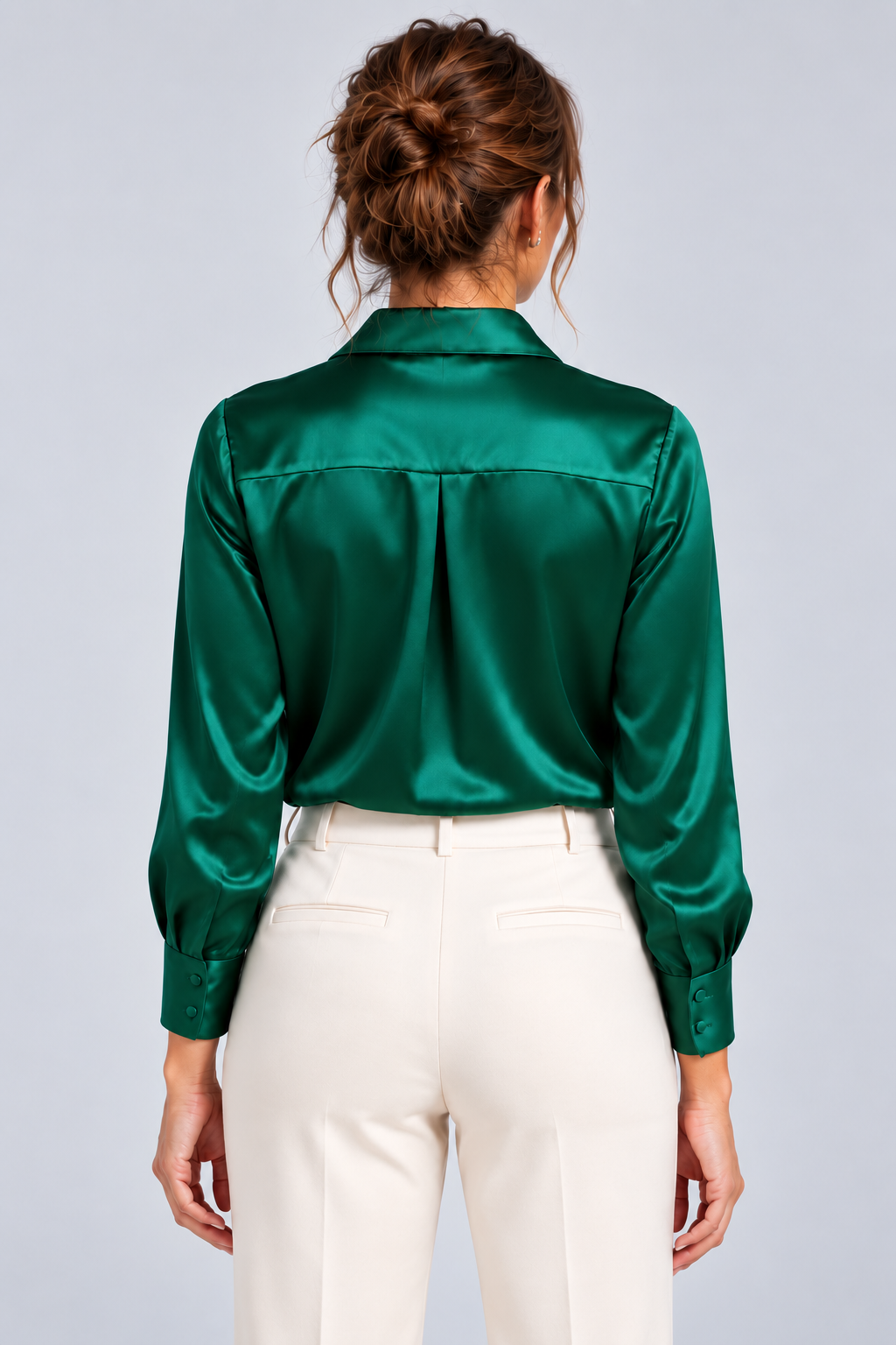 Camille Satin Collared Blouse in Green, back view