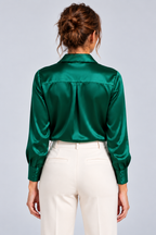 Camille Satin Collared Blouse in Green, back view