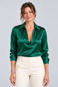 Camille Satin Collared Blouse in Green, front view