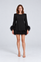 Celeste Feather-Trim Mini Dress in black, front view