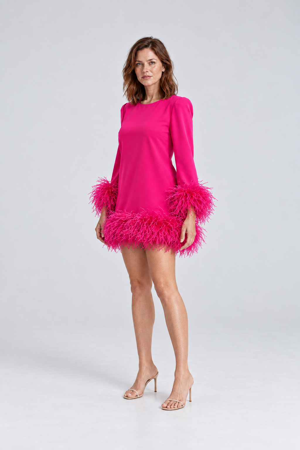Celeste Feather-Trim Mini Dress in pink, 45 degree view