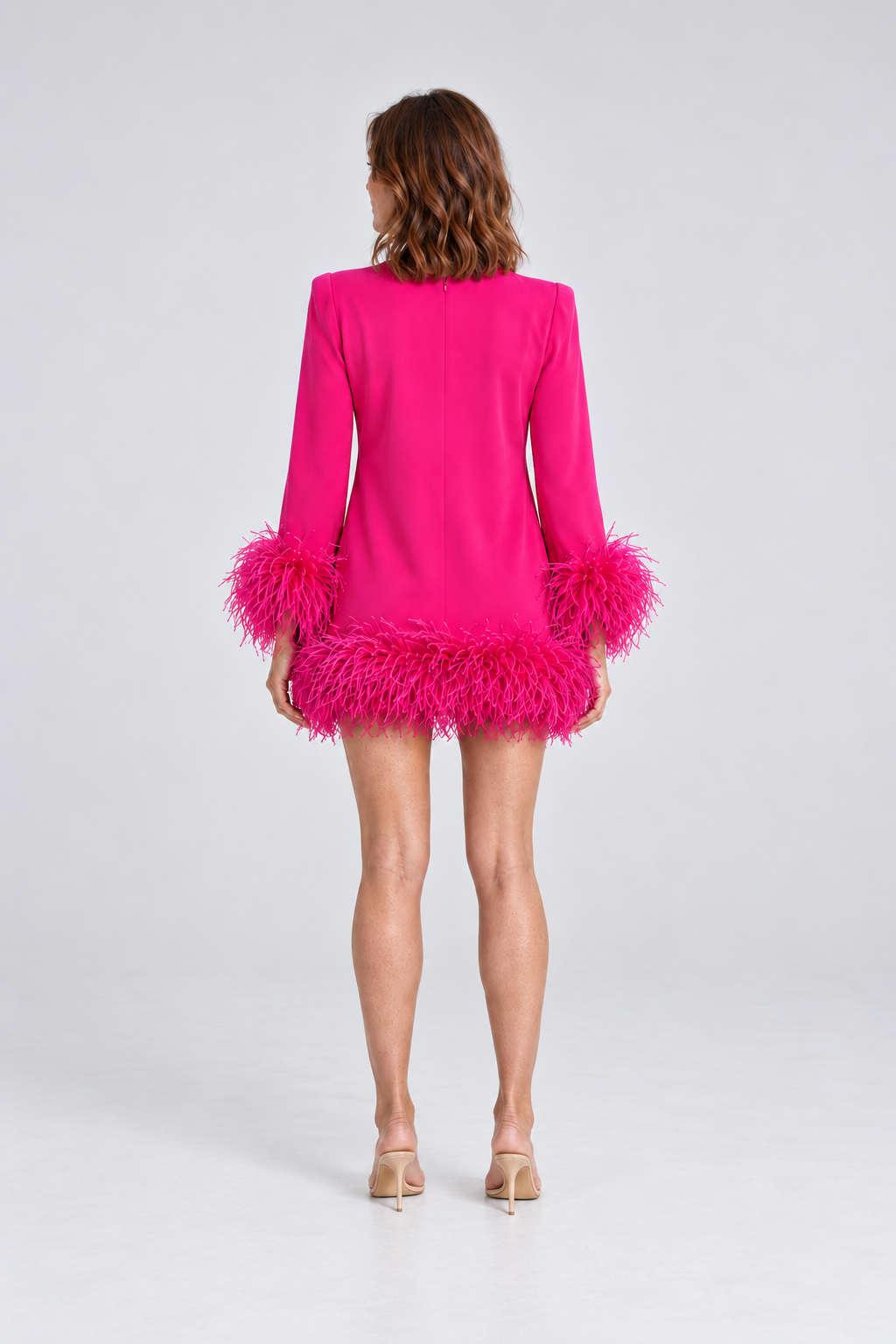 Celeste Feather-Trim Mini Dress in pink, back view