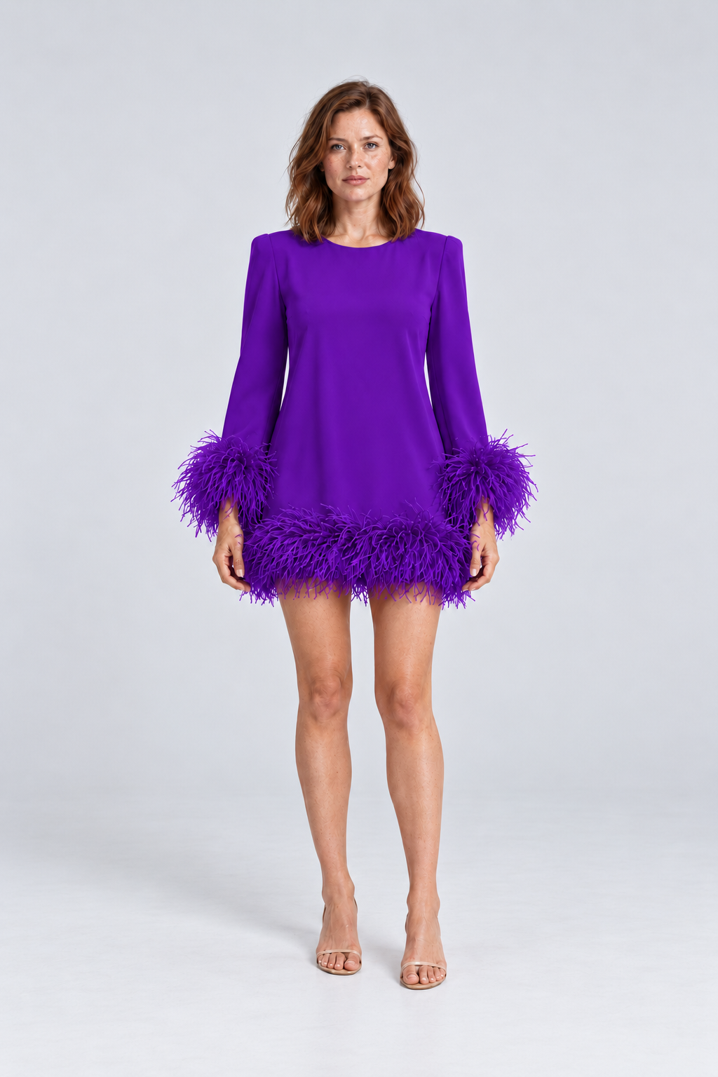 Celeste Feather-Trim Mini Dress in purple, front view