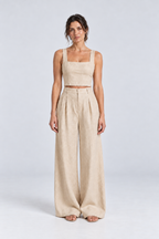 Cleo Linen Crop Top & Palazzo Set in Beige, front view