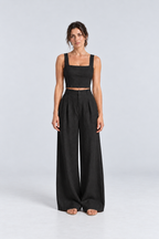Cleo Linen Crop Top & Palazzo Set in Black, front view