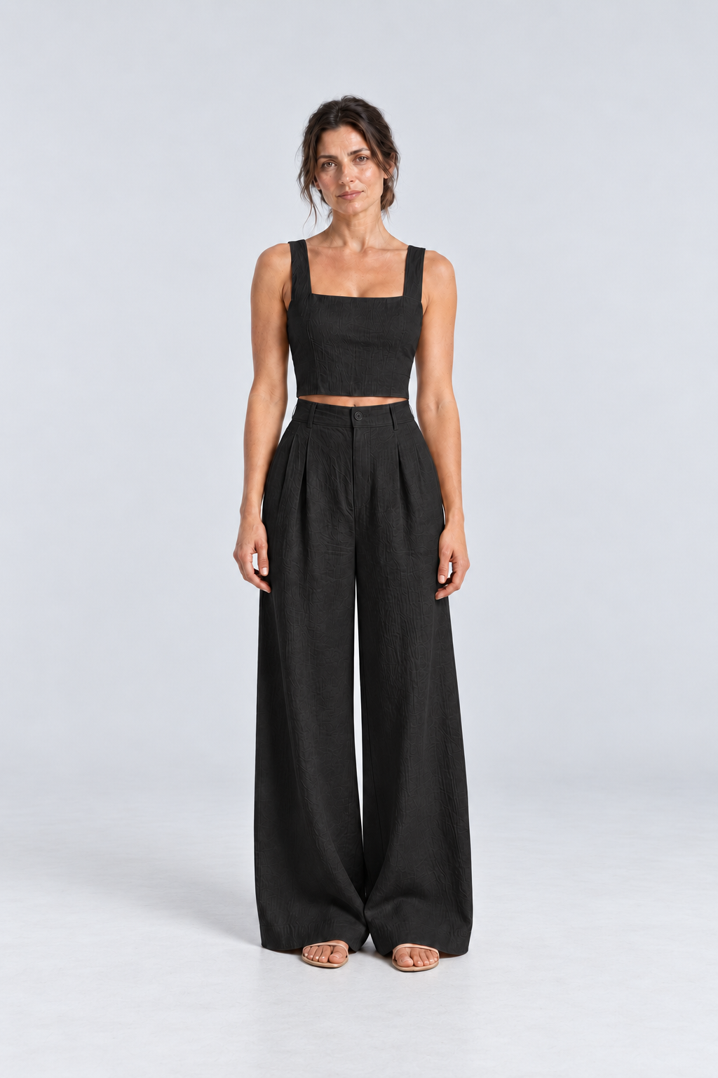 Cleo Linen Crop Top & Palazzo Set in Black, front view