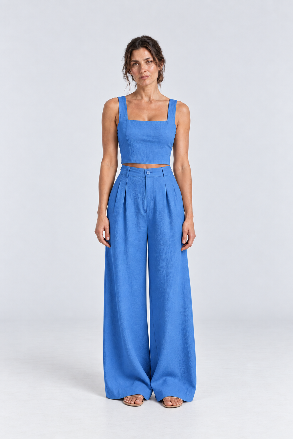 Cleo Linen Crop Top & Palazzo Set in Blue, front view
