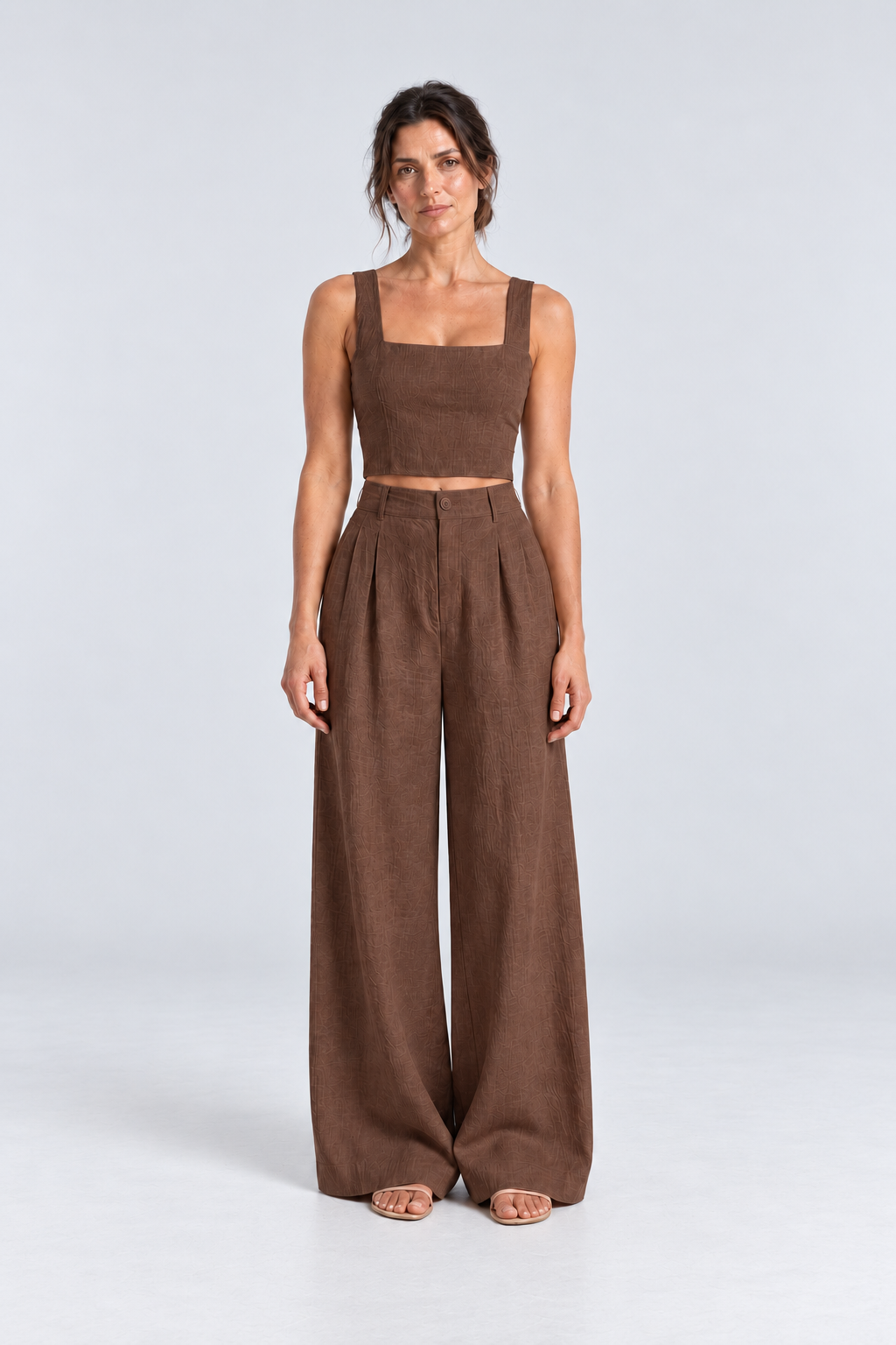 Cleo Linen Crop Top & Palazzo Set in Brown, front view
