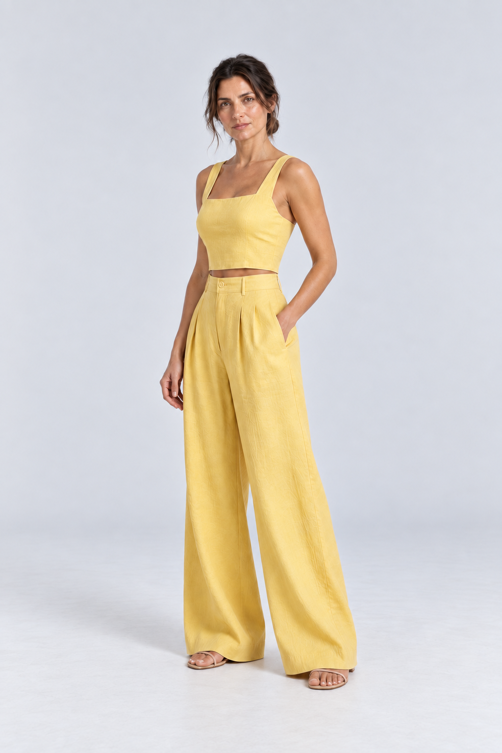 Cleo Linen Crop Top & Palazzo Set in Yellow, 45 degree view