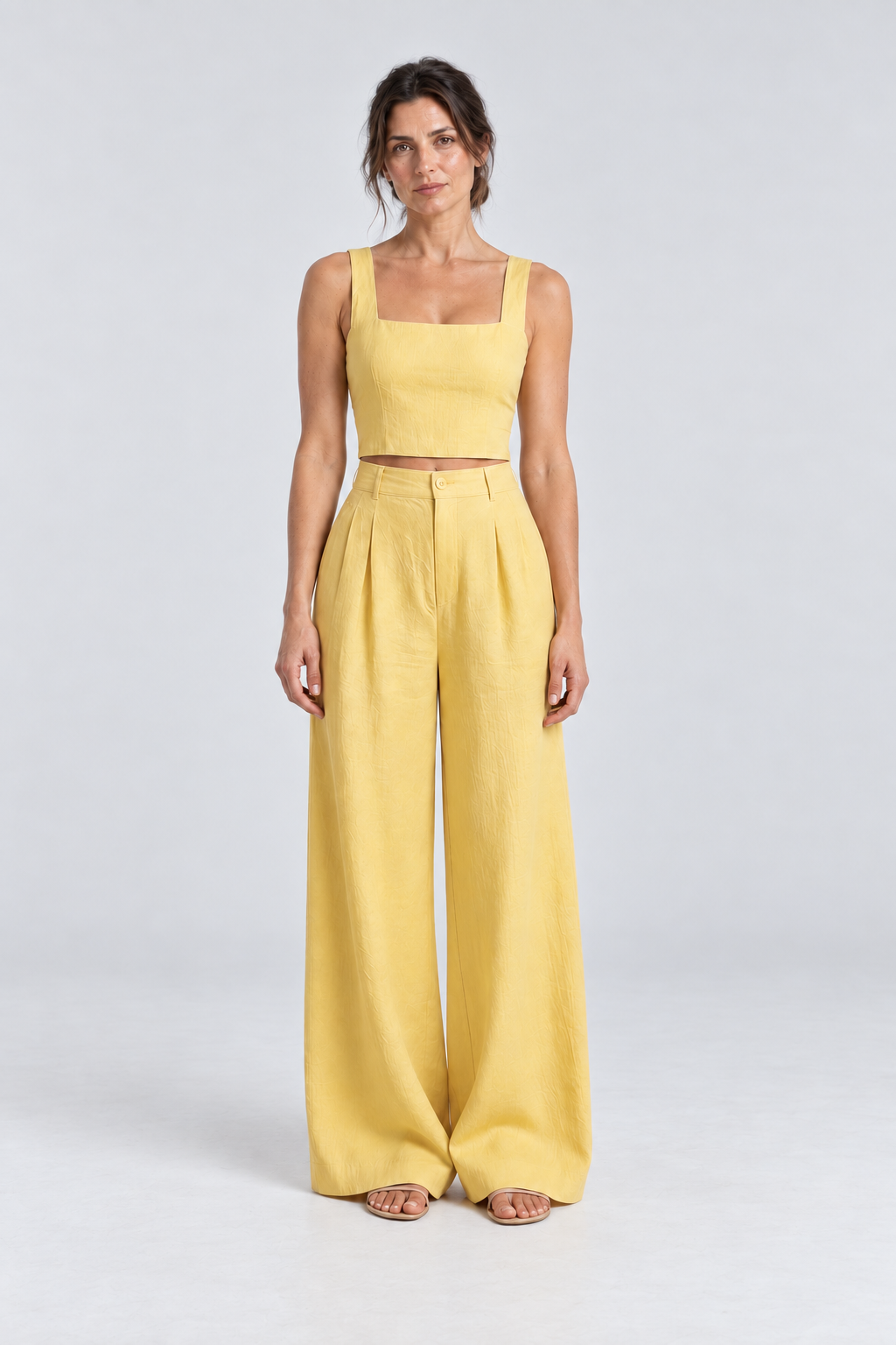 Cleo Linen Crop Top & Palazzo Set in Yellow, front view