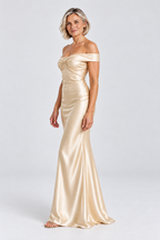 Colette Off-Shoulder Satin Maxi Dress in Beige, 45 degree view