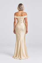 Colette Off-Shoulder Satin Maxi Dress in Beige, back view