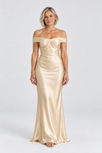 Colette Off-Shoulder Satin Maxi Dress in Beige, front view