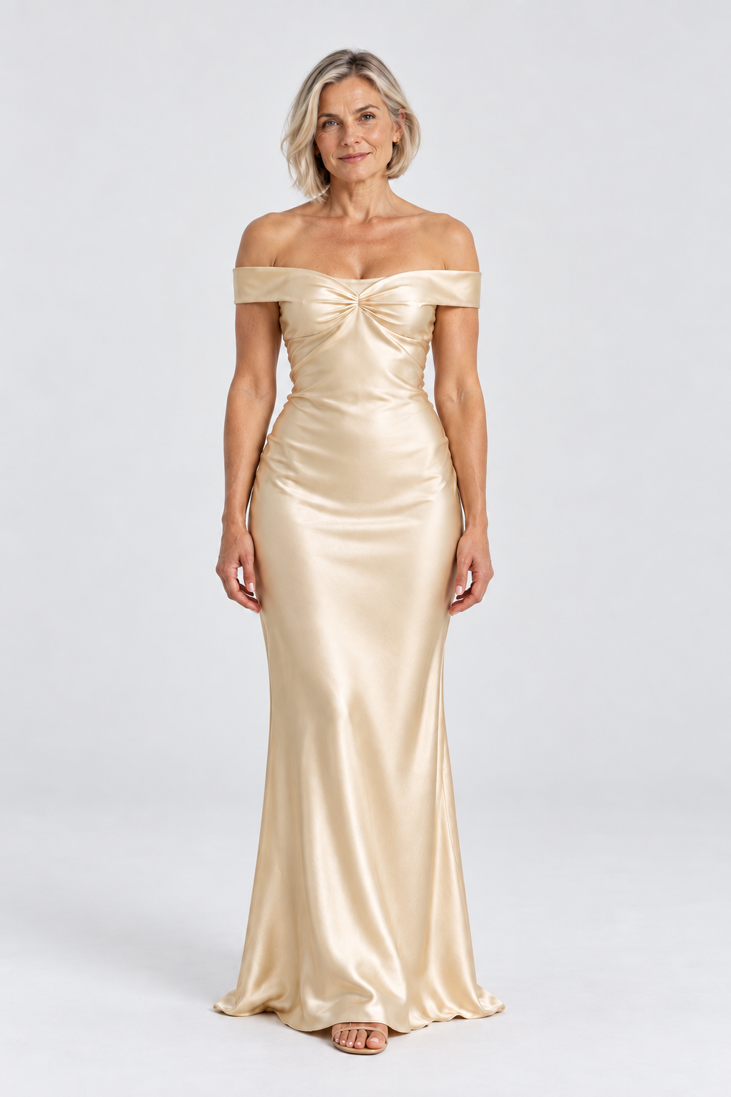 Colette Off-Shoulder Satin Maxi Dress in Beige, front view