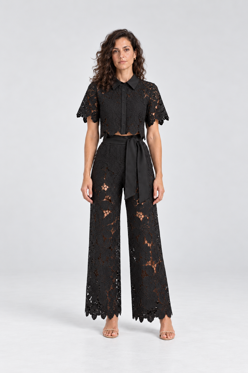 Elodie Floral Lace Two-Piece Set in Black, front view