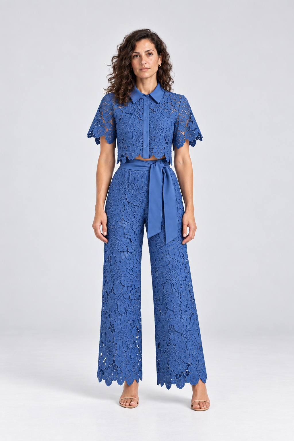 Elodie Floral Lace Two-Piece Set in Blue, front view