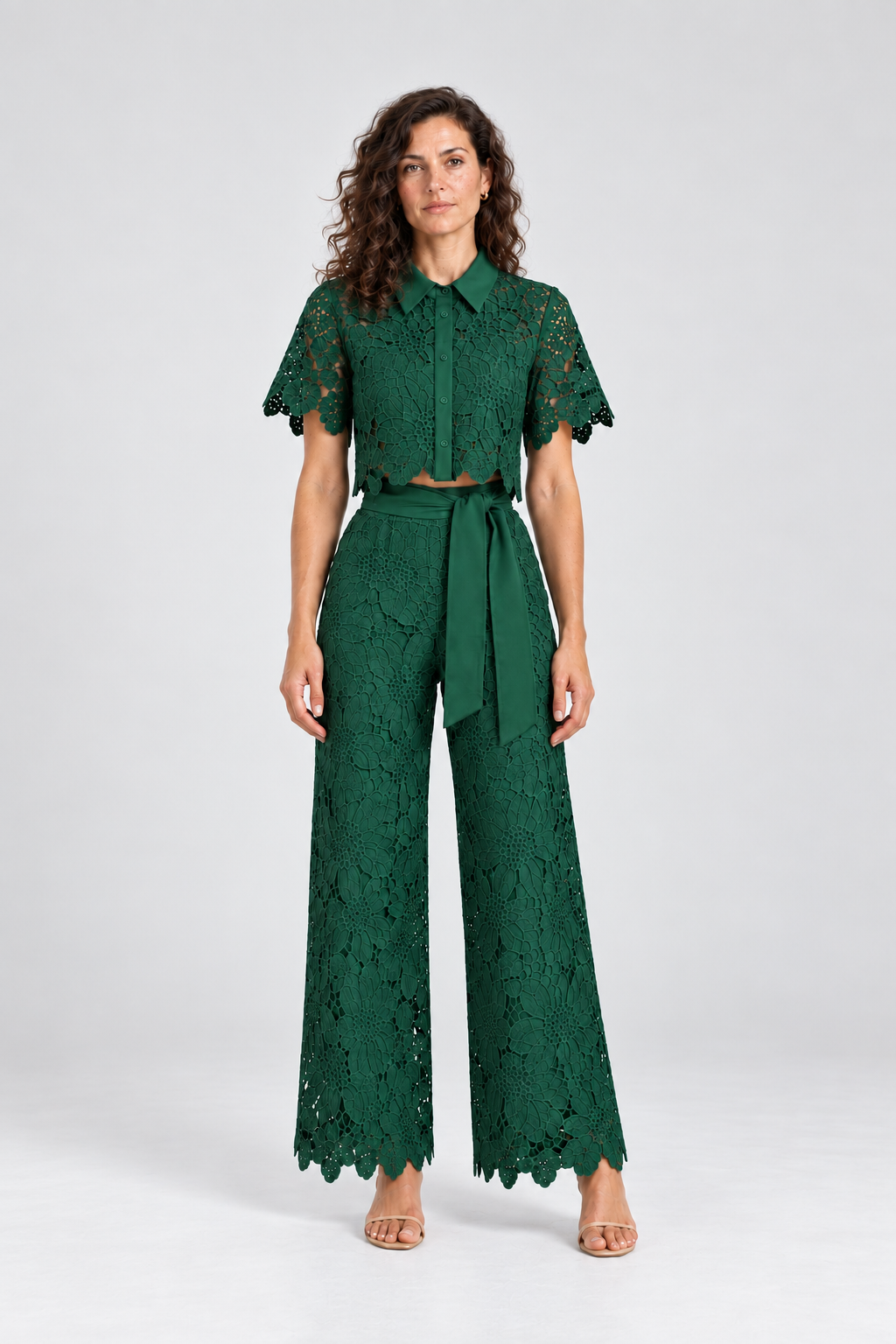 Elodie Floral Lace Two-Piece Set in Green, front view