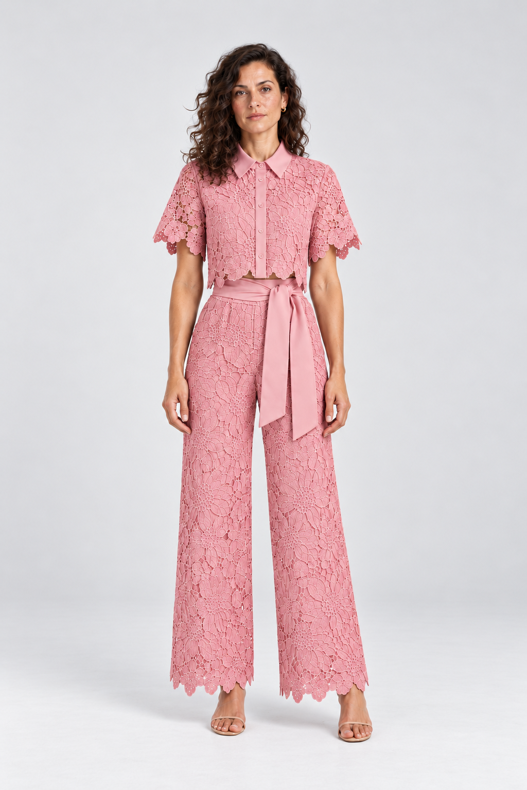 Elodie Floral Lace Two-Piece Set in Pink, front view