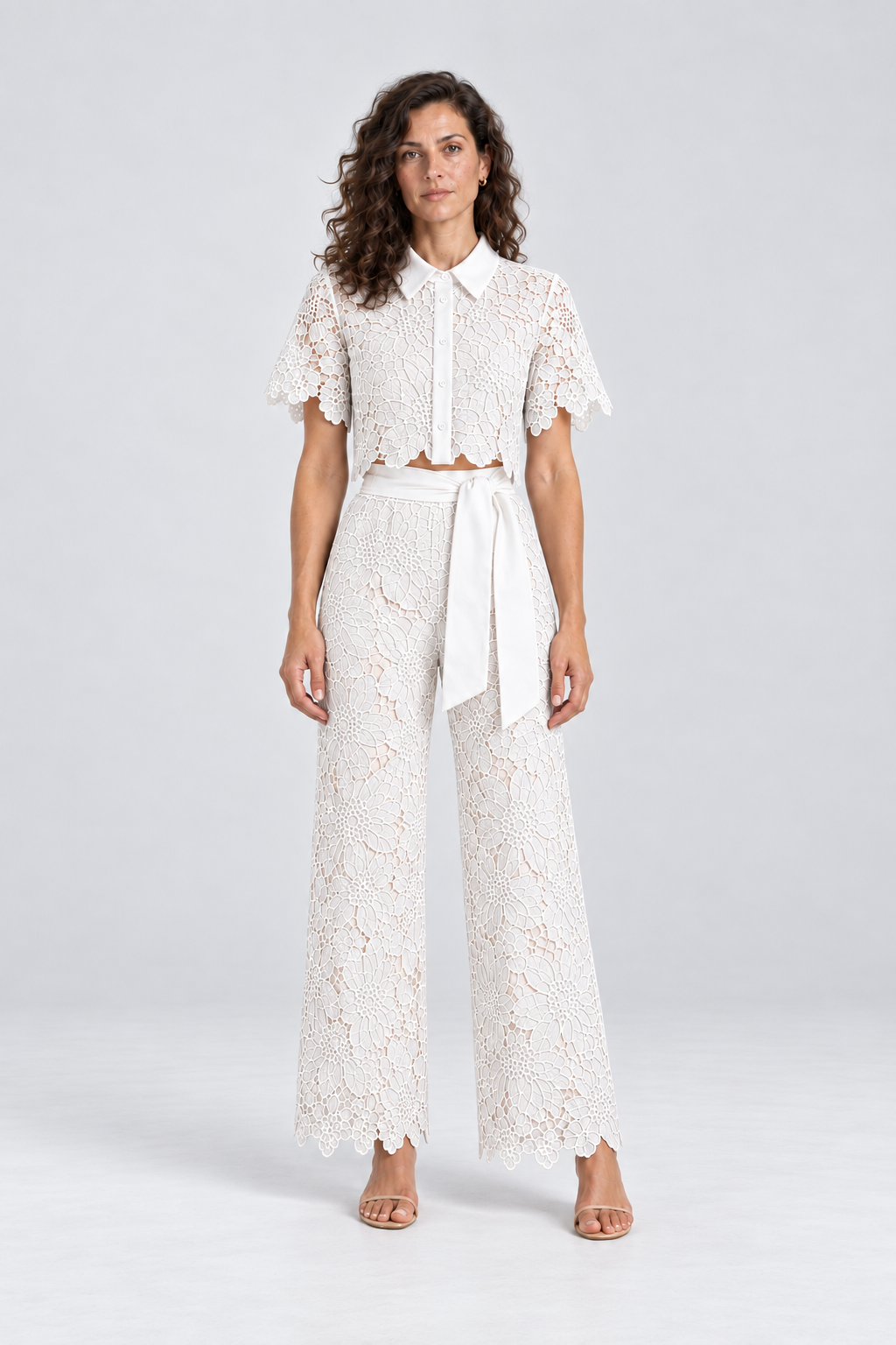 Elodie Floral Lace Two-Piece Set in White, front view