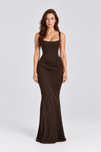 Margot Corset-Drape Maxi Dress in Dark Brown, front view