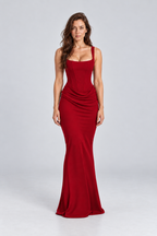 Margot Corset-Drape Maxi Dress in Red, front view