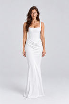 Margot Corset-Drape Maxi Dress in White, front view