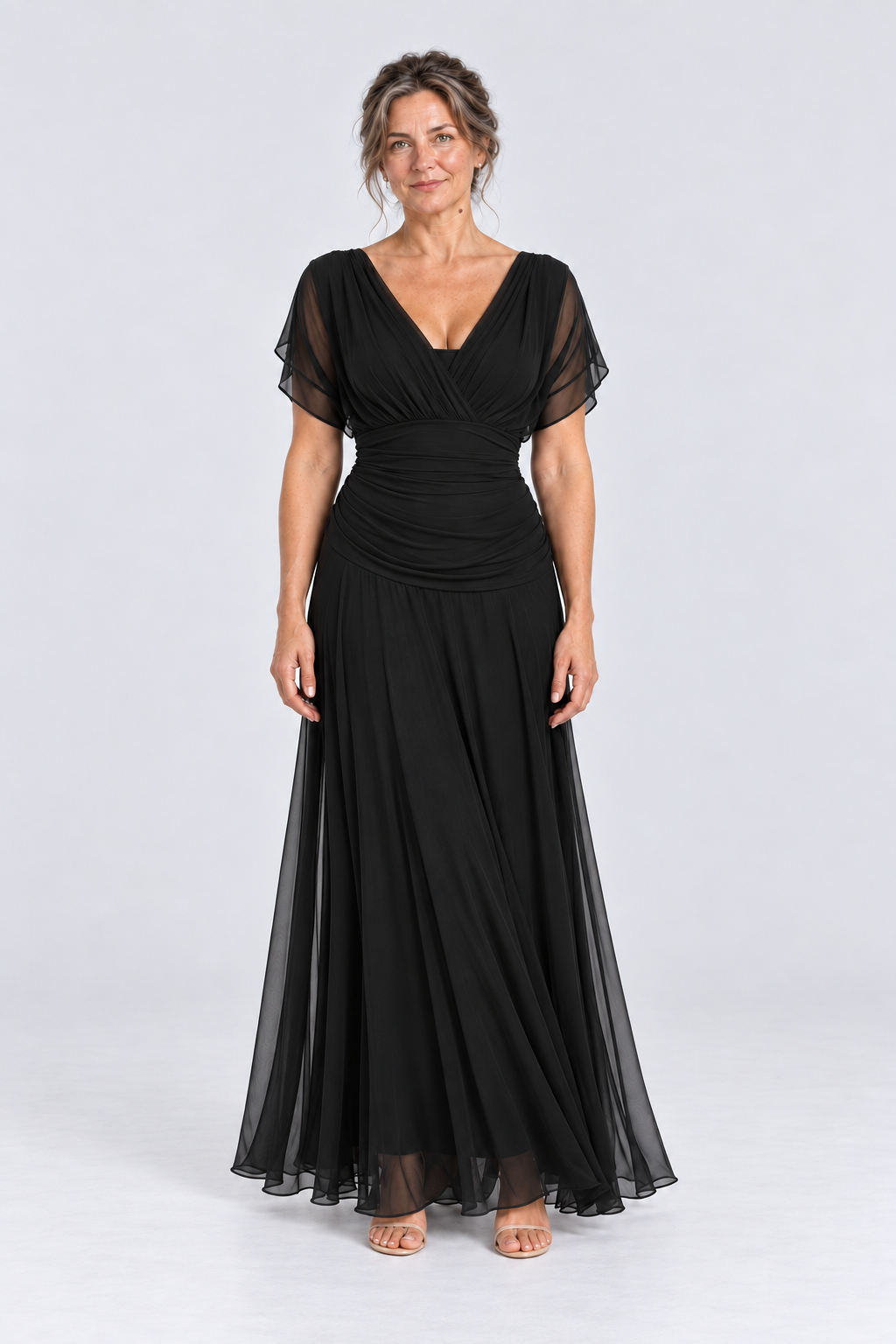 Vivienne Off-Shoulder Chiffon Maxi Dress in Black, front view