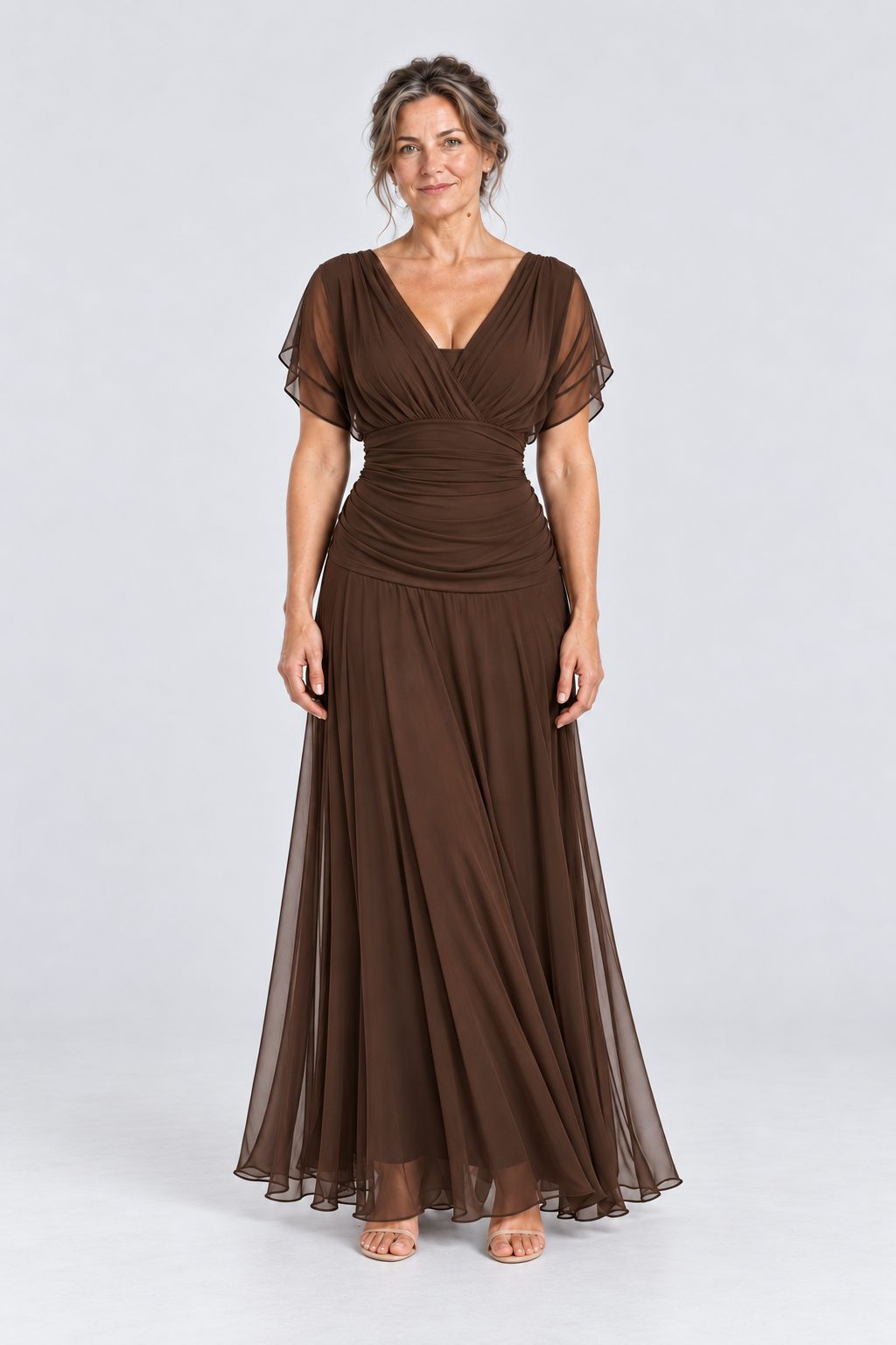 Vivienne Off-Shoulder Chiffon Maxi Dress in Brown, front view