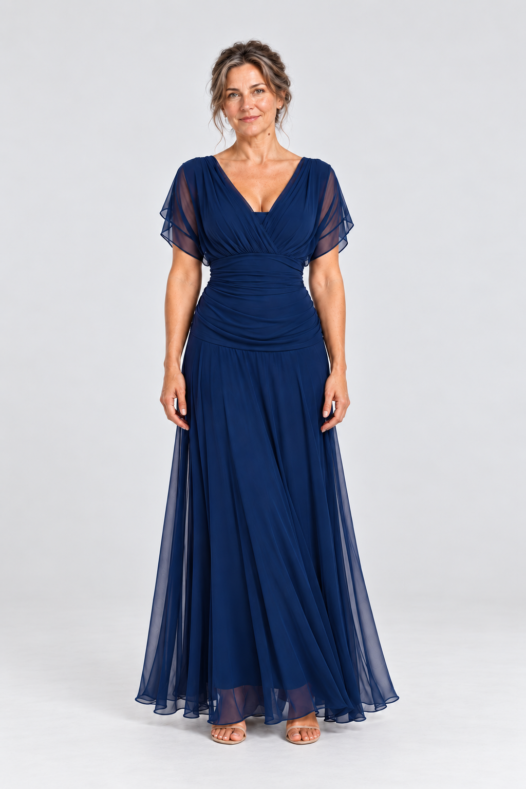 Vivienne Off-Shoulder Chiffon Maxi Dress in Dark Blue, front view