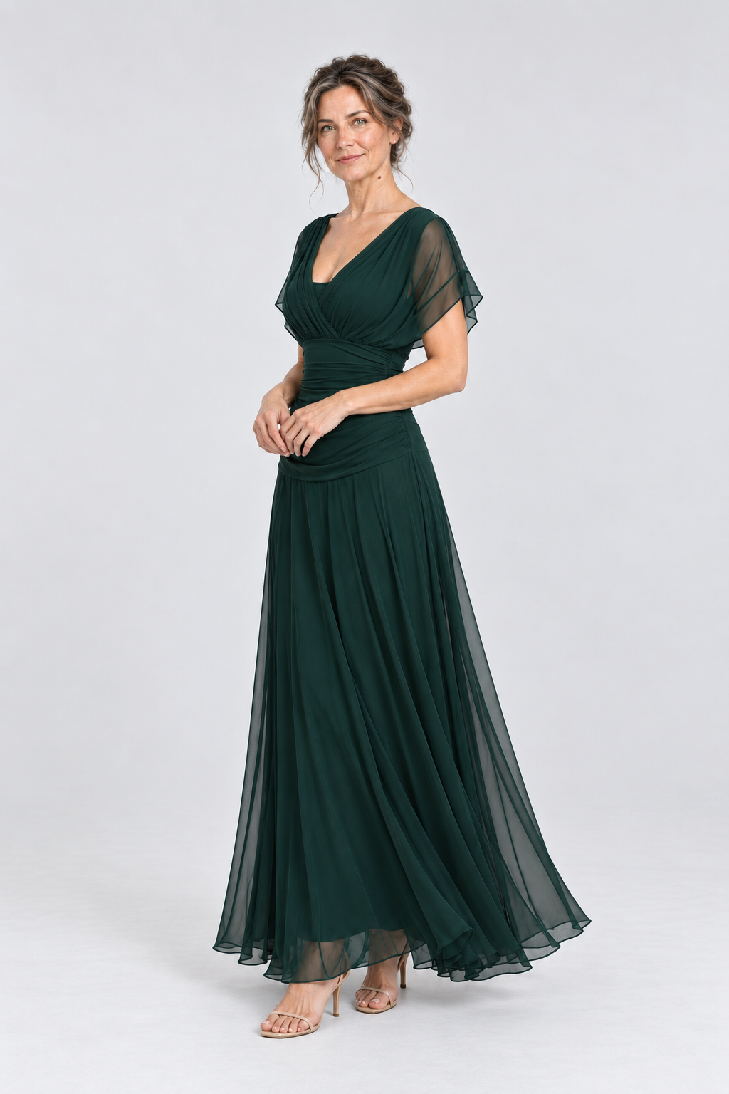 Vivienne Off-Shoulder Chiffon Maxi Dress in Dark Green, 45 degree view