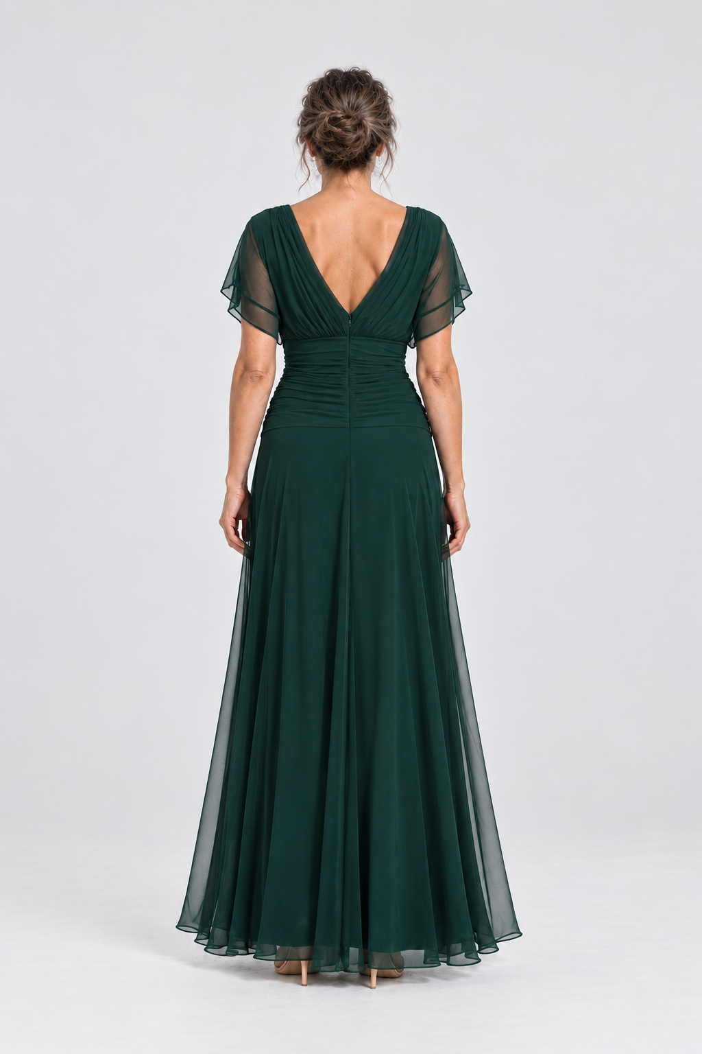 Vivienne Off-Shoulder Chiffon Maxi Dress in Dark Green, back view