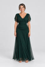 Vivienne Off-Shoulder Chiffon Maxi Dress in Dark Green, front view