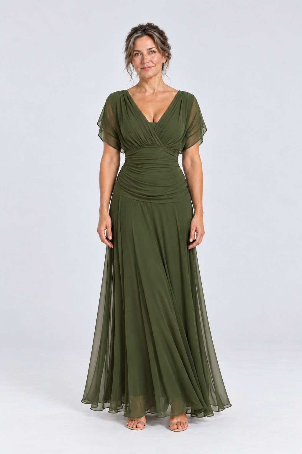 Vivienne Off-Shoulder Chiffon Maxi Dress in Olive Green, front view