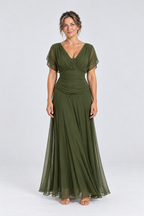 Vivienne Off-Shoulder Chiffon Maxi Dress in Olive Green, front view