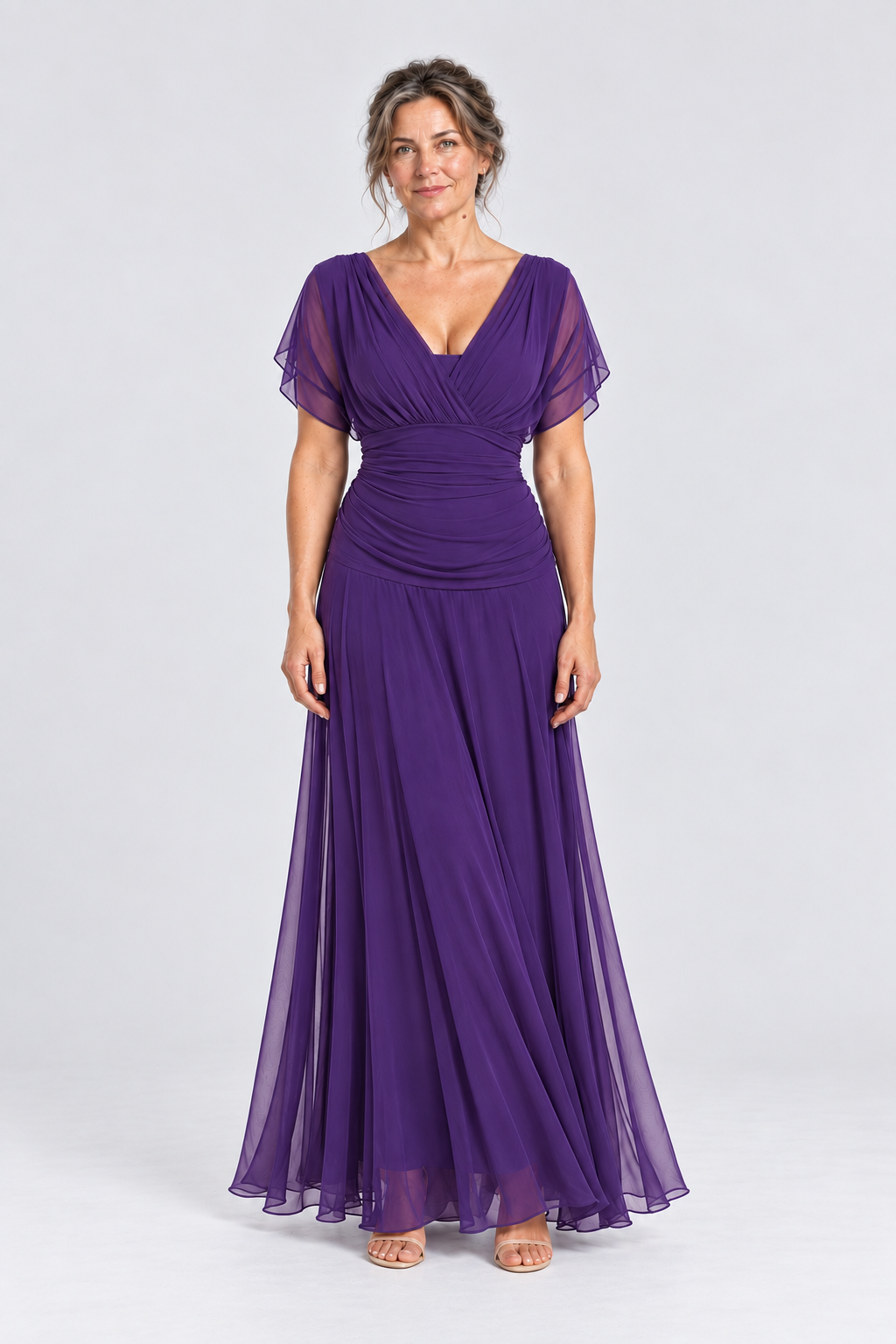 Vivienne Off-Shoulder Chiffon Maxi Dress in Purple, front view
