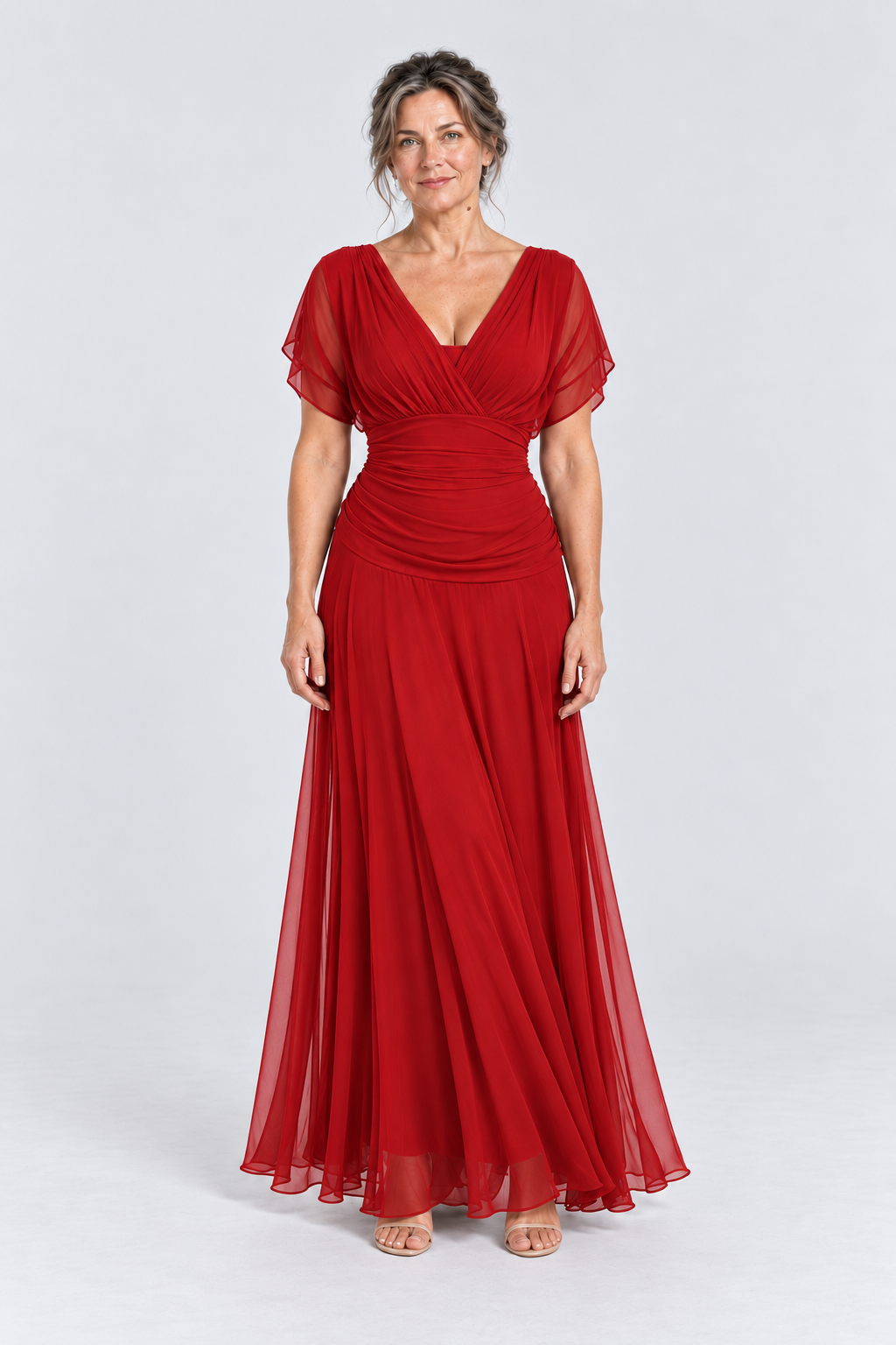 Vivienne Off-Shoulder Chiffon Maxi Dress in Red, front view