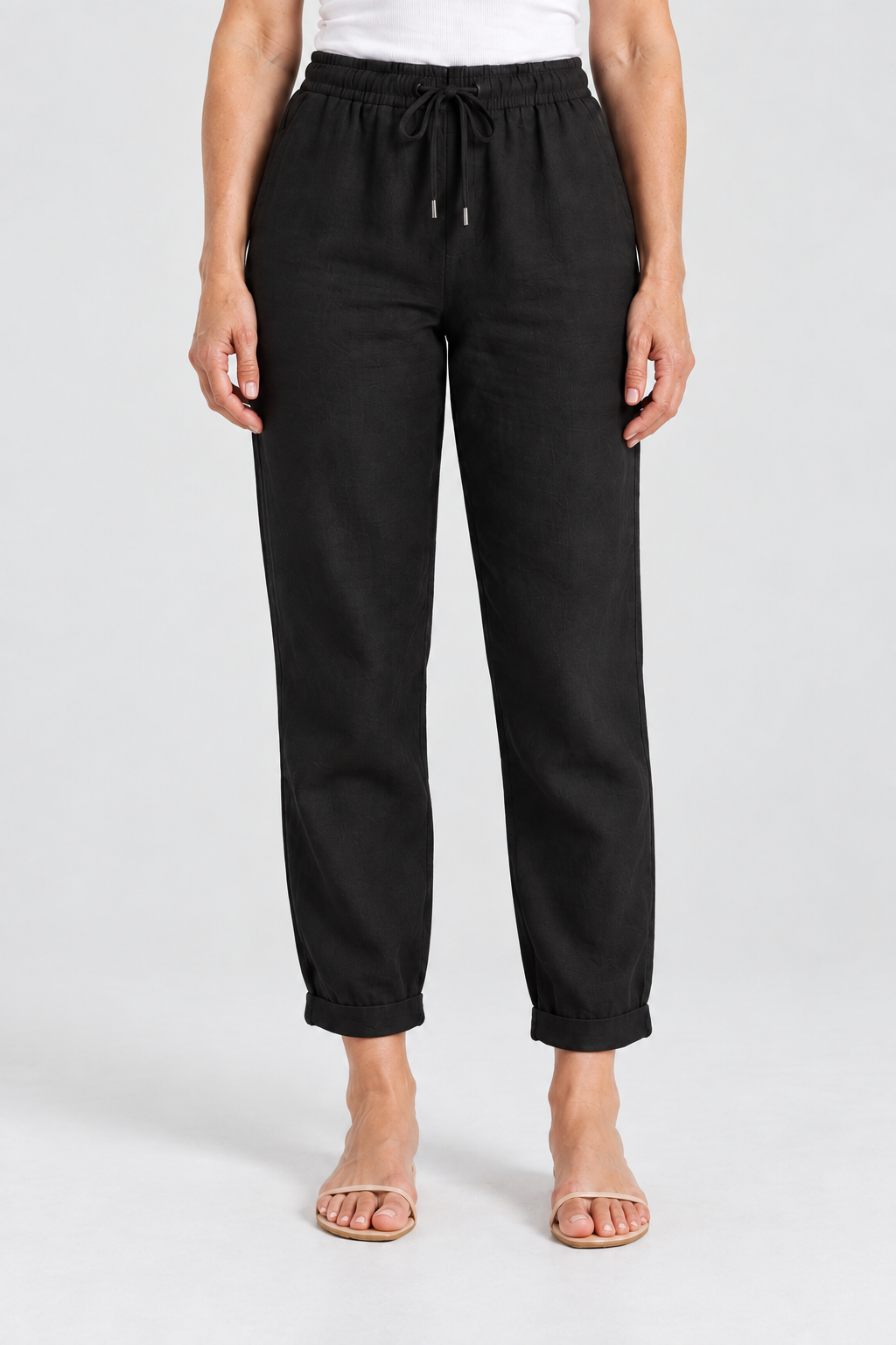 Noa Relaxed Linen Pants in Black, front view