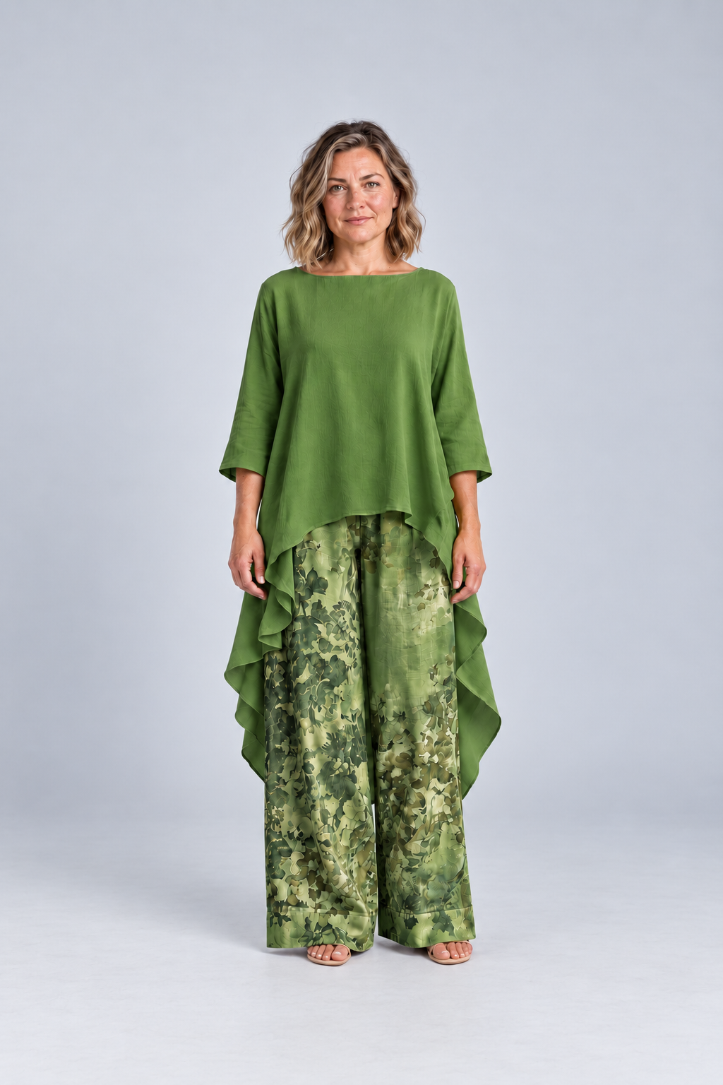 Paloma Printed Tunic & Wide-Leg Pant Set in Green, front view