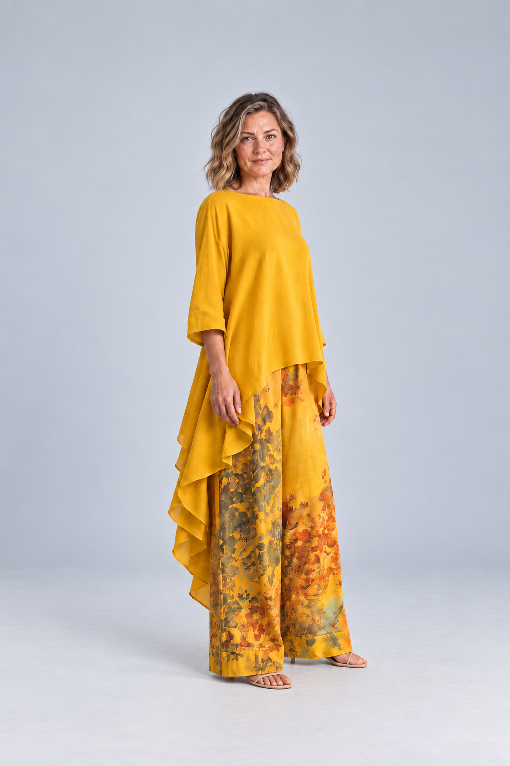 Paloma Printed Tunic & Wide-Leg Pant Set in Yellow, 45 degree view