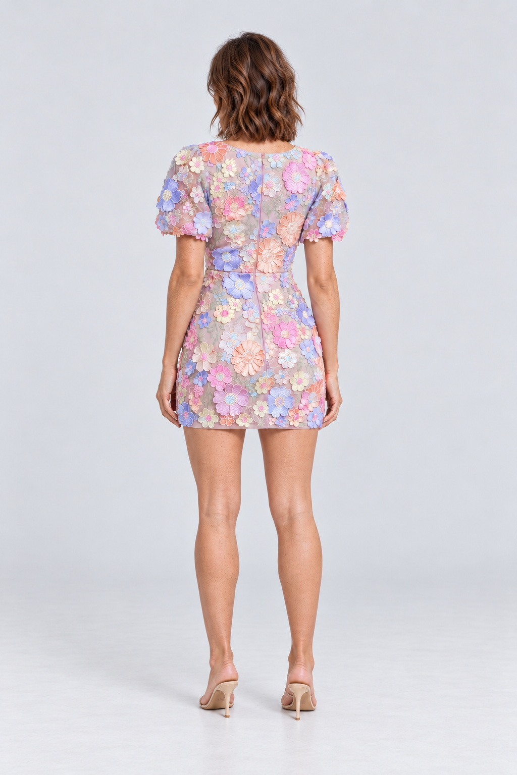 Posy Embroidered Floral Mini Dress in Purple, back view