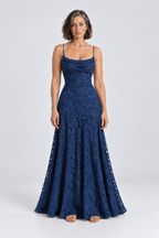 Sabine Floral Lace Maxi Dress in Dark Blue, front view