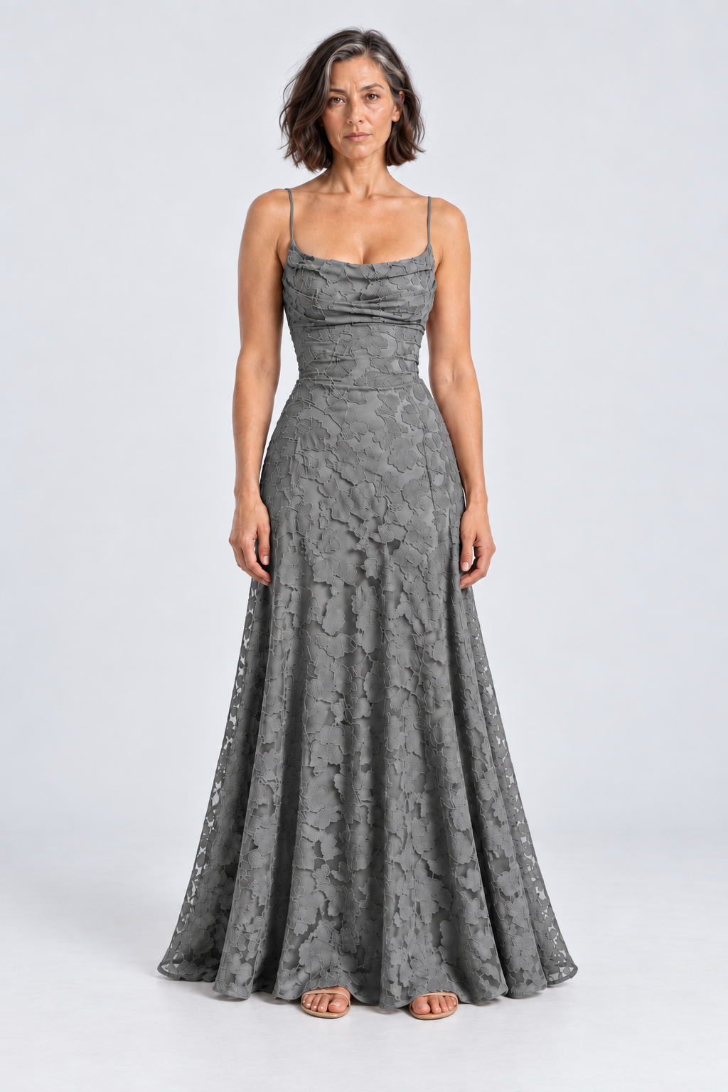 Sabine Floral Lace Maxi Dress in Grey, front view