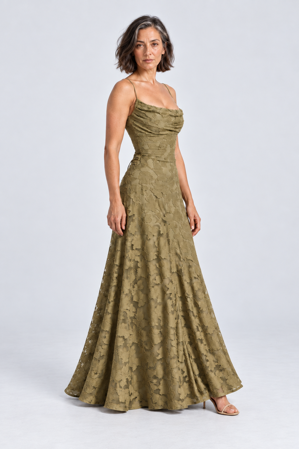 Sabine Floral Lace Maxi Dress in Olive Green, 45 degree view