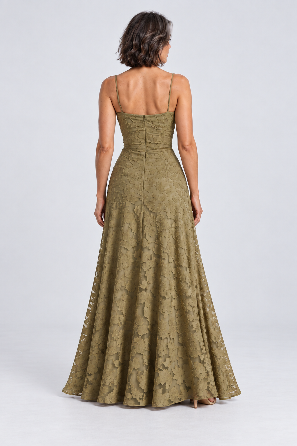 Sabine Floral Lace Maxi Dress in Olive Green, back view