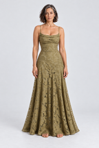 Sabine Floral Lace Maxi Dress in Olive Green, front view