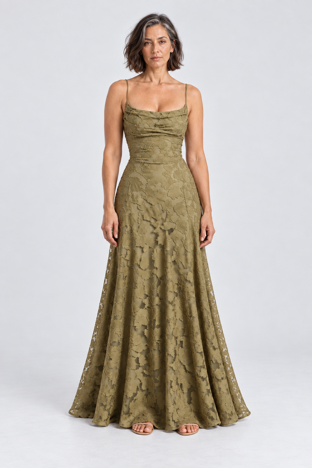 Sabine Floral Lace Maxi Dress in Olive Green, front view