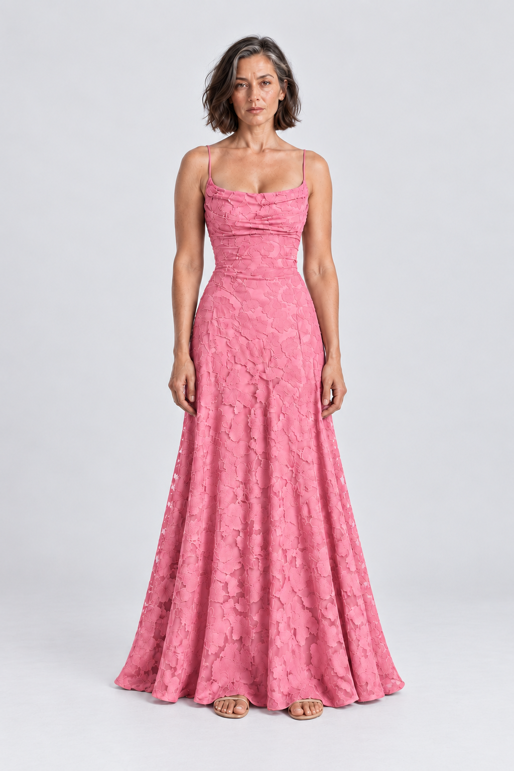 Sabine Floral Lace Maxi Dress in Pink, front view